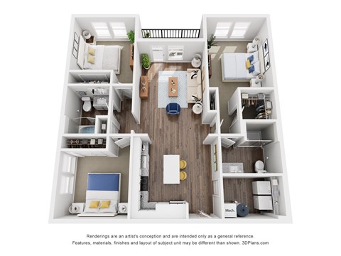 A 3D floor plan of a small apartment with a kitchen, living room, and two bedrooms.